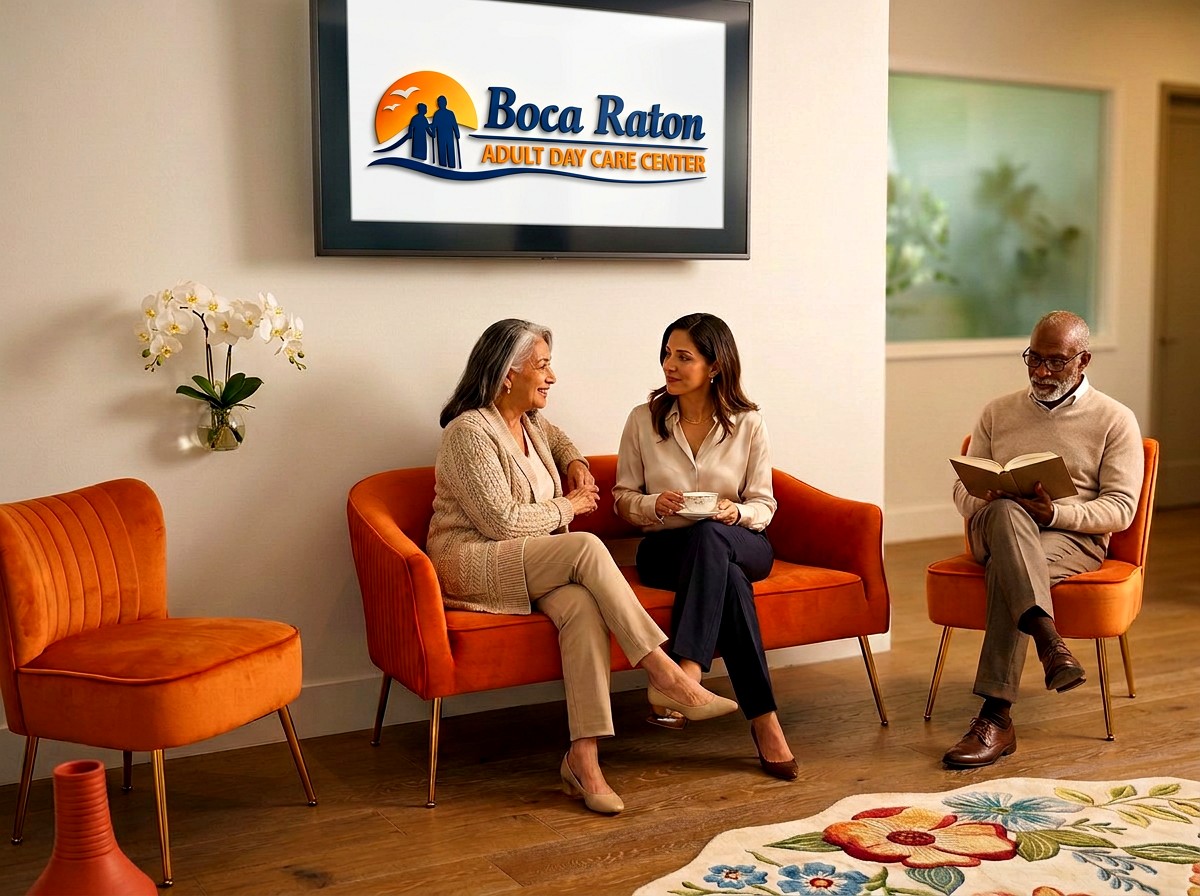 Team member sitting and talking with older adults in the family lounge