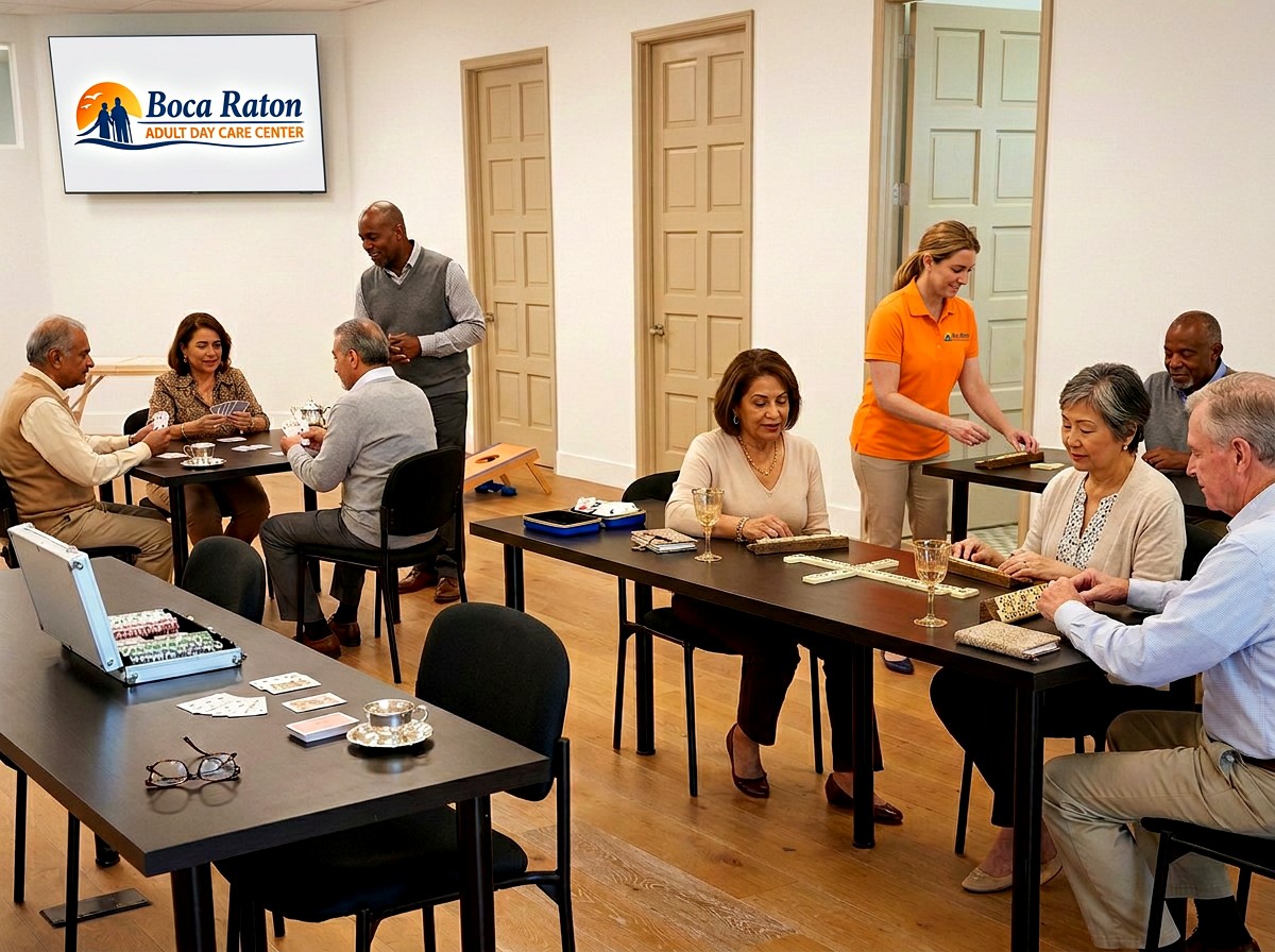 Staff and participants together across the center's recreation hall