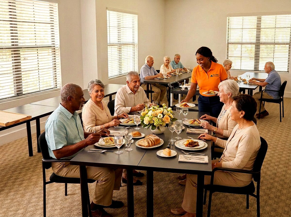 Family-style meal service in the center's dining hall